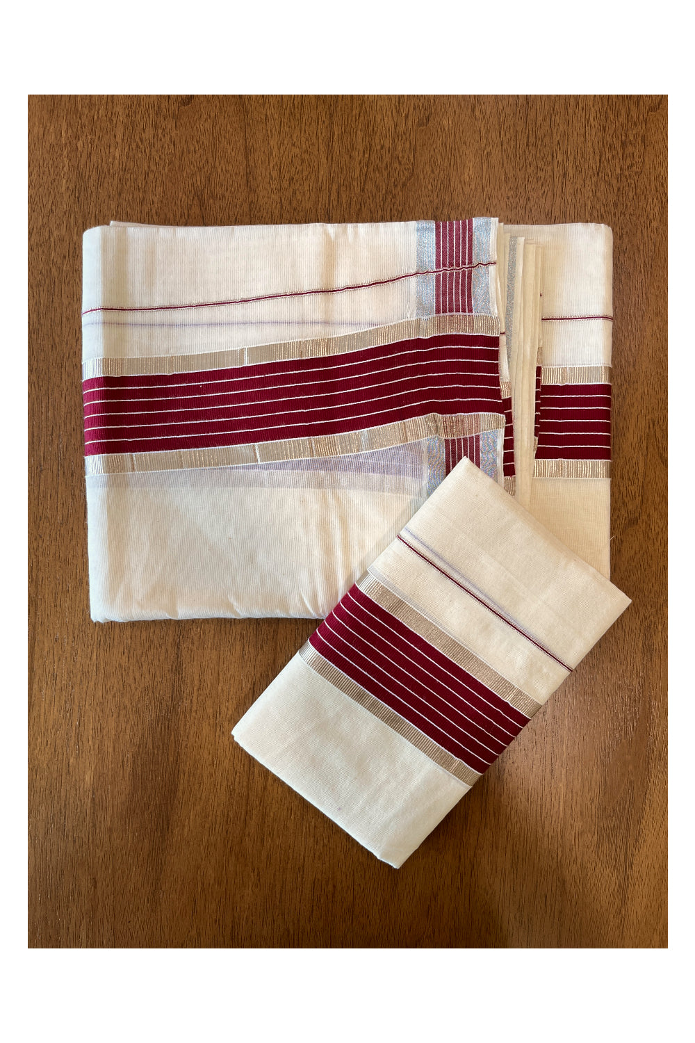 Cotton Mundum Neriyathum Double (Set Mundu) with Maroon and Silver Kasavu Border