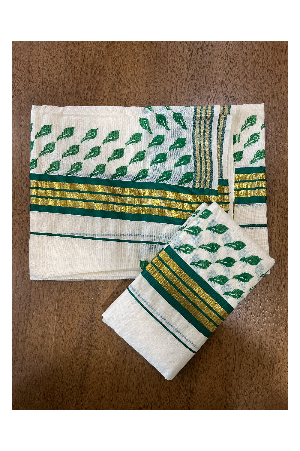 Cotton Single Set Mundu (Mundu Neriyathum) with Green Feather Block Prints and Kasavu Border