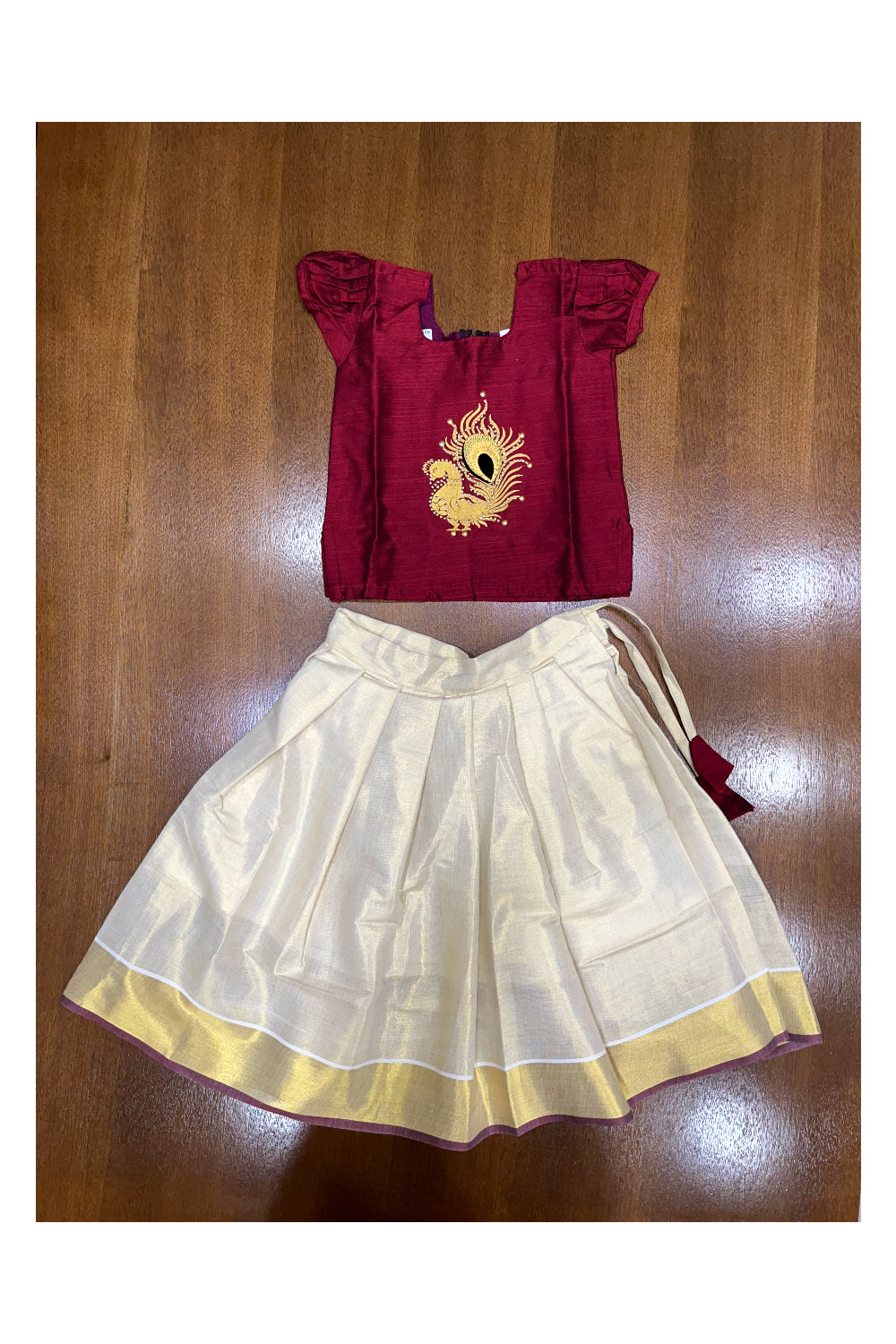 Southloom Kerala Pavada Blouse with Maroon Peacock Bead Work Design (Age - 3 Year)