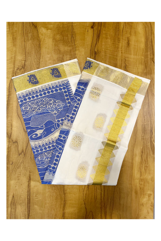 Kerala Cotton Kasavu Saree With Blue and Golden Heavy Woven Works On Body
