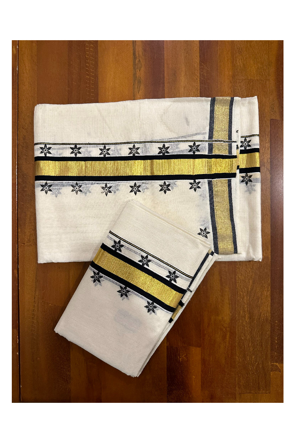 Kerala Cotton Kasavu Single Set Mundu (Mundum Neriyathum) with Black Block Prints on Border 2.80 Mtrs (Onam set Mundu 2023)