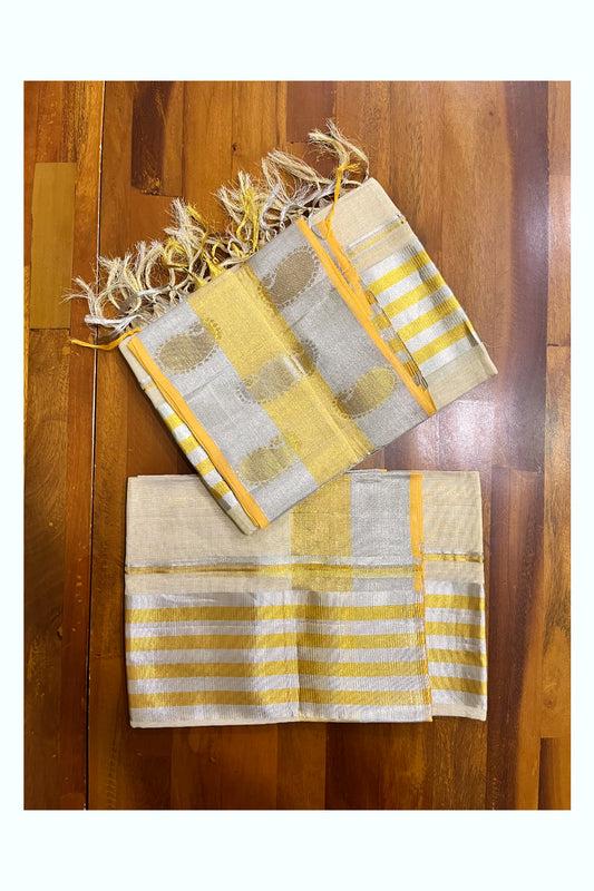 Southloom Handloom Premium Tissue Golden and Silver Kasavu Set Mundu With Paisley Woven Design Border(Mundum Neriyathum) - 2.70Mtrs
