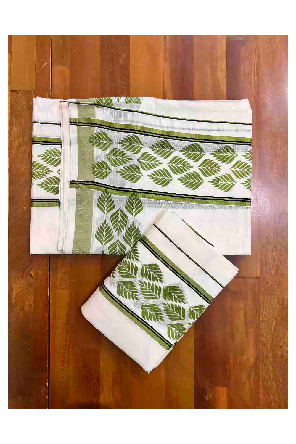 Kerala Cotton Single Set Mundu (Mundum Neriyathum) with Leaf Block Prints on Light Green and Black Border