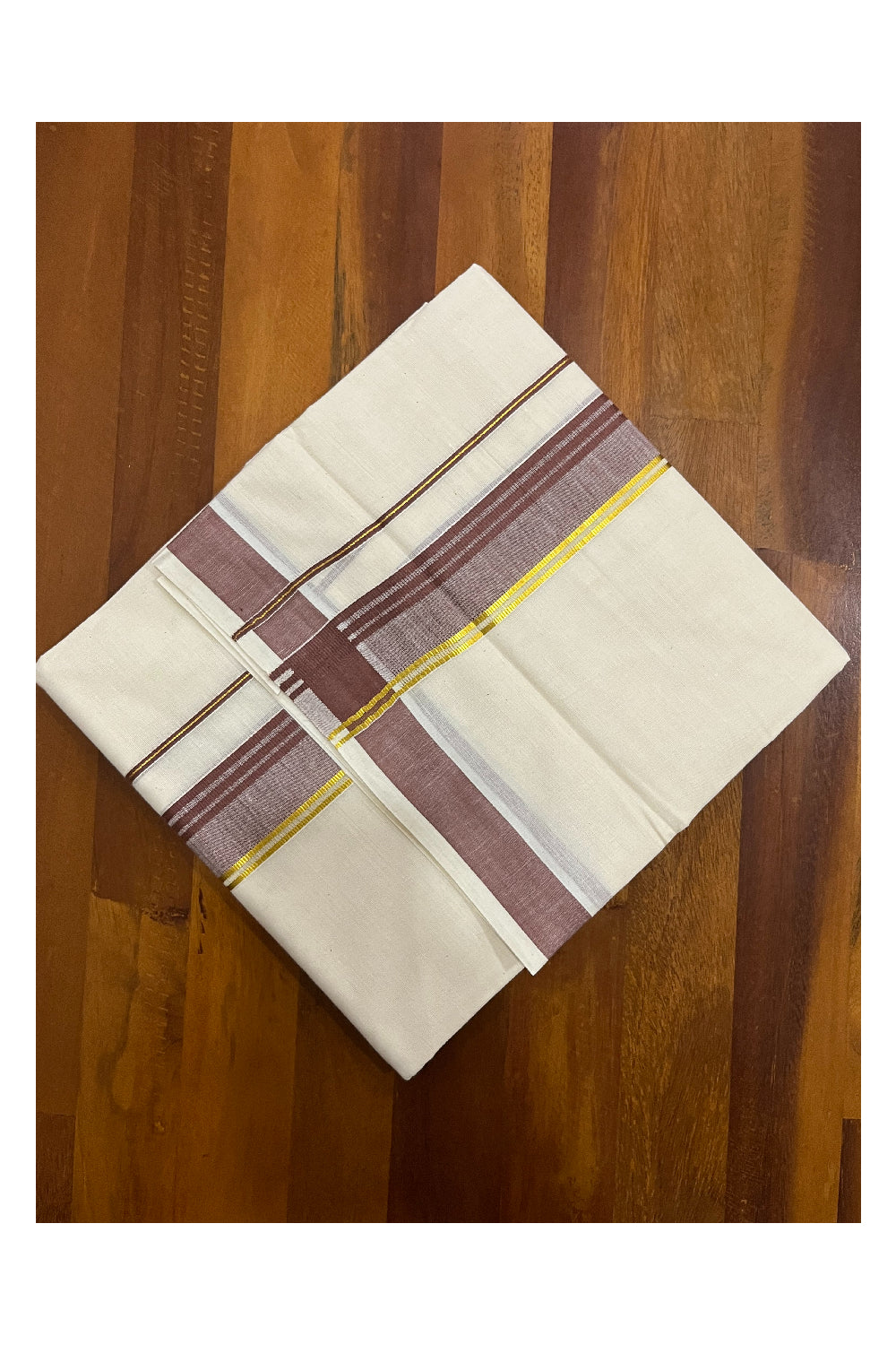 Pure Cotton Kerala Double Mundu with Brown and Kasavu Kara (South Indian Kerala Dhoti)