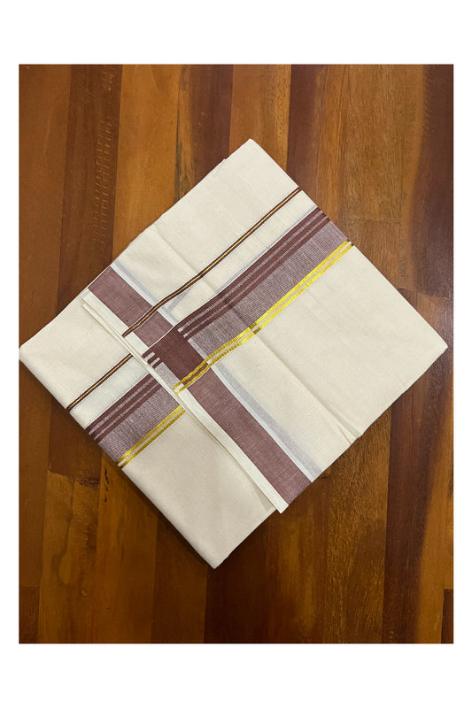 Pure Cotton Kerala Double Mundu with Brown and Kasavu Kara (South Indian Kerala Dhoti)