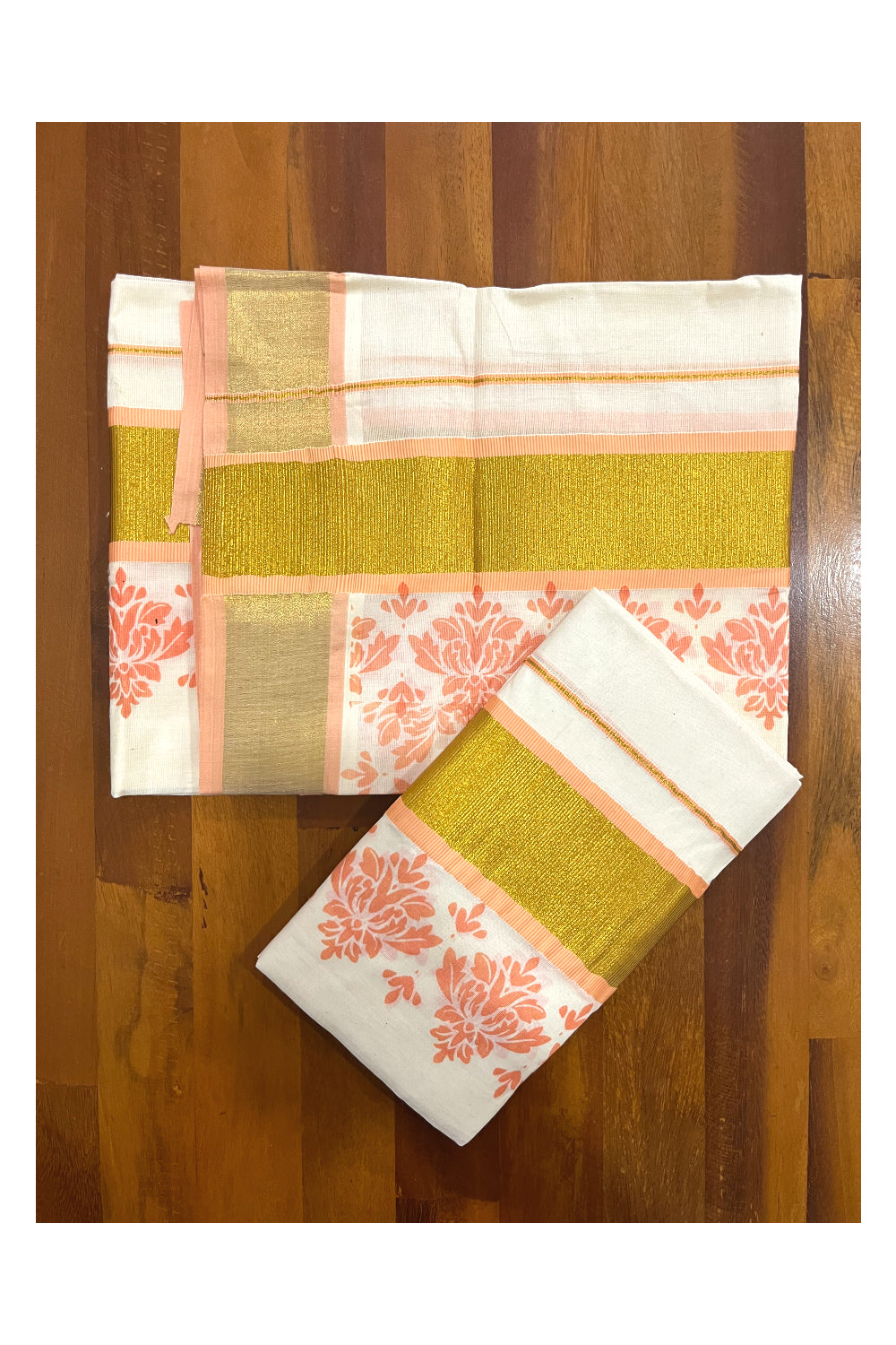 Pure Cotton Kerala Single Set Mundu (Mundum Neriyathum) with Peach Block Printed Kasavu Border