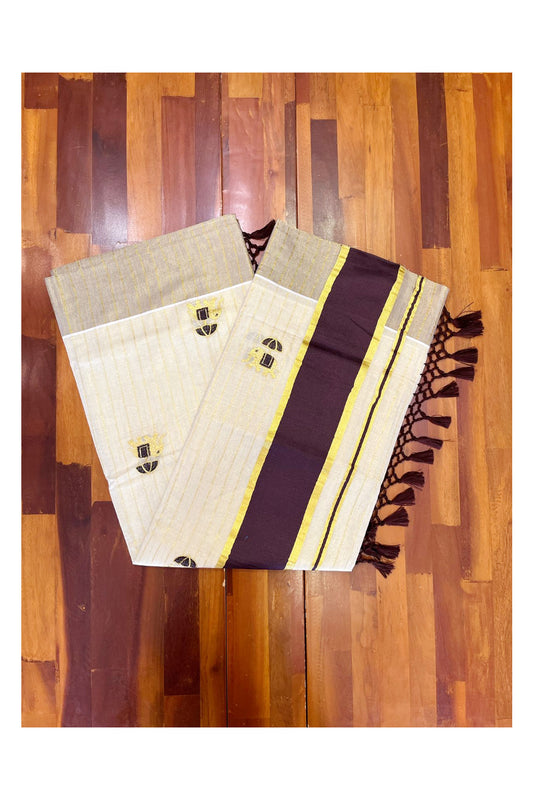 Kerala Tissue Kasavu Lines Saree with Golden And Brown Elephant Embroidery Works