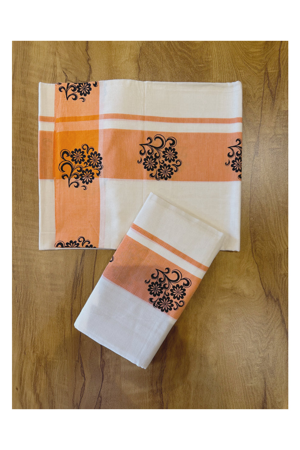 Kerala Pure Cotton Set Mundu (Mundum Neriyathum) with Block Printed Orange Border