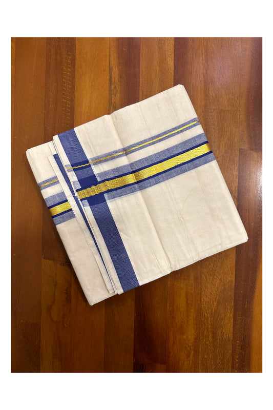 Kerala Cotton Double Mundu with Blue and Kasavu Border (Onam Mundu 2023)