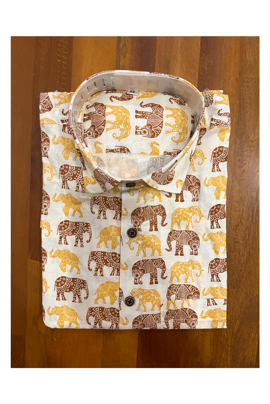 Southloom Jaipur Cotton Yellow Brown Elephant Hand Block Printed Shirt (Full Sleeves)