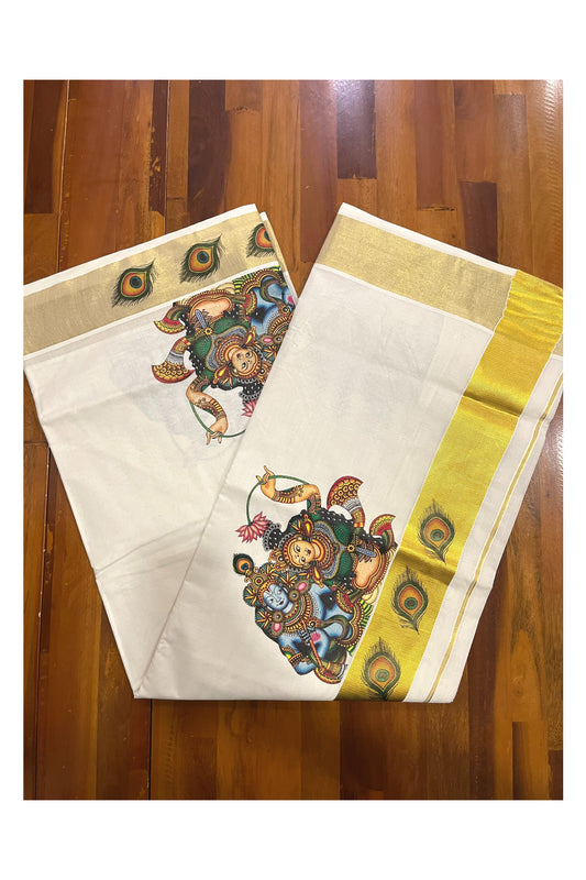 Pure Cotton Kerala Kasavu Saree with Krishna Radha Mural Printed Design