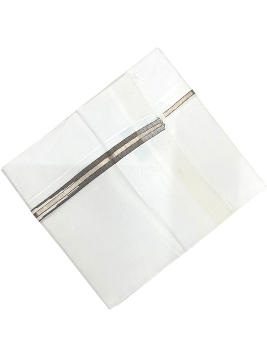 Southloom Pure White Cotton Double Mundu with Silver and Olive Green Chutti Kara (South Indian Dhoti)