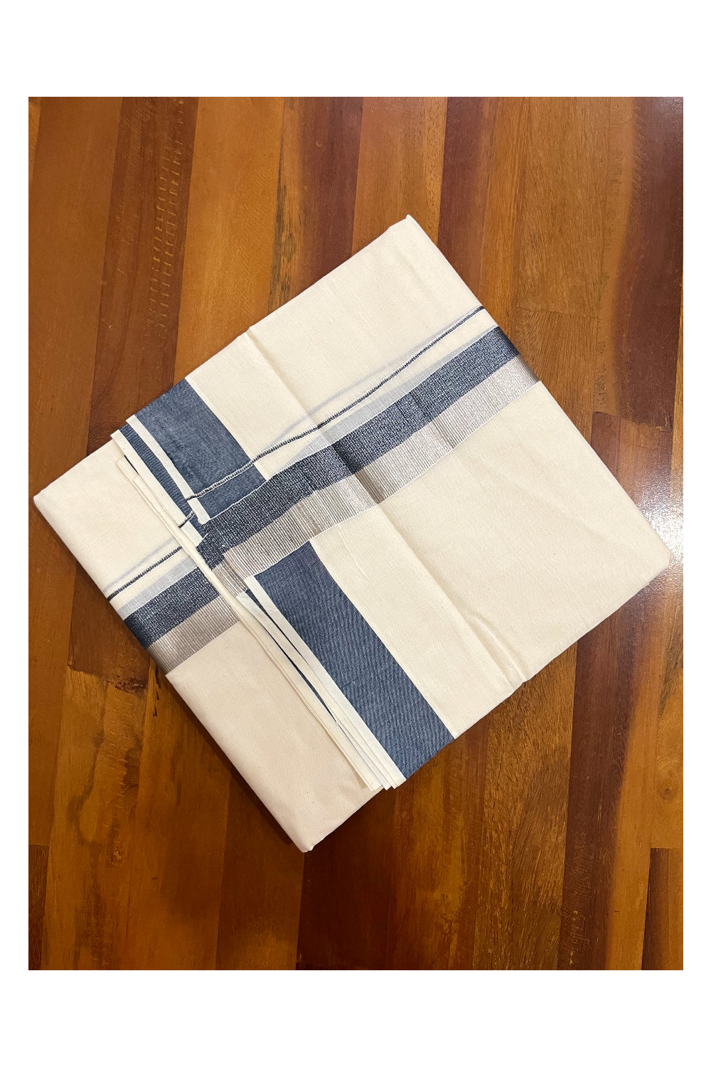 Kerala Cotton Double Mundu with Dark Blue and Silver Kasavu Border (Onam Mundu 2023)