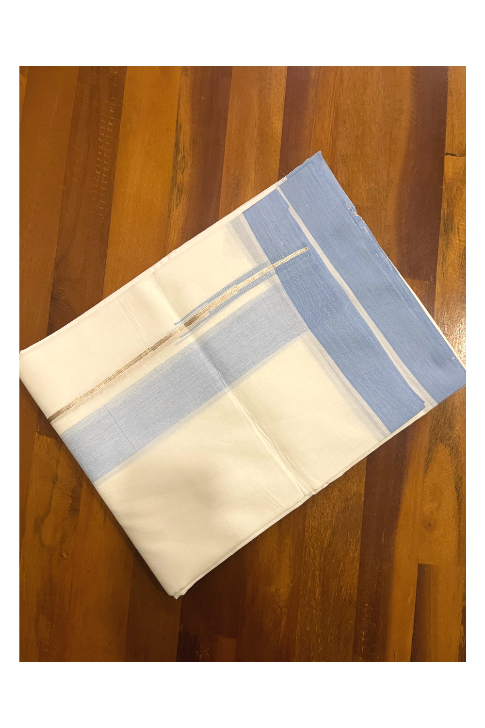 Pure White Cotton Double Mundu with Silver Kasavu and Light Blue Chutti Border (South Indian Kerala Dhoti)