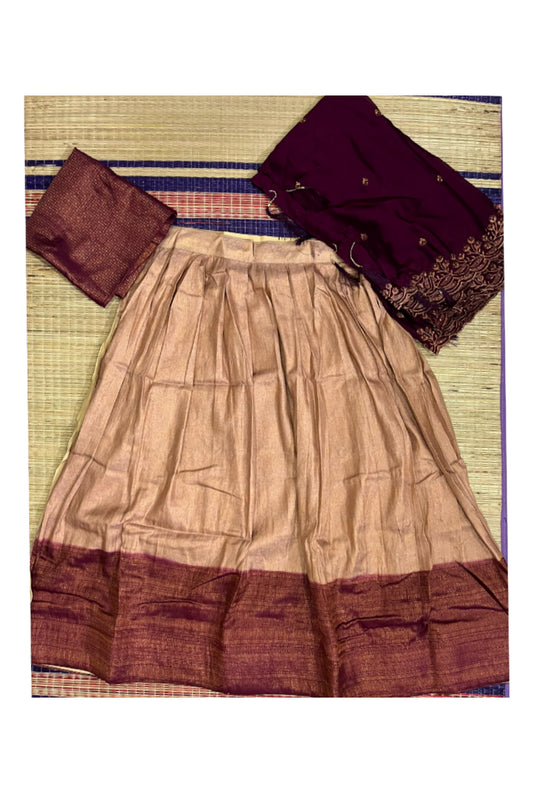 Semi Stitched Premium Semi SIlk Copper Dhavani Set with Dark Maroon Neriyathu and Blouse Piece