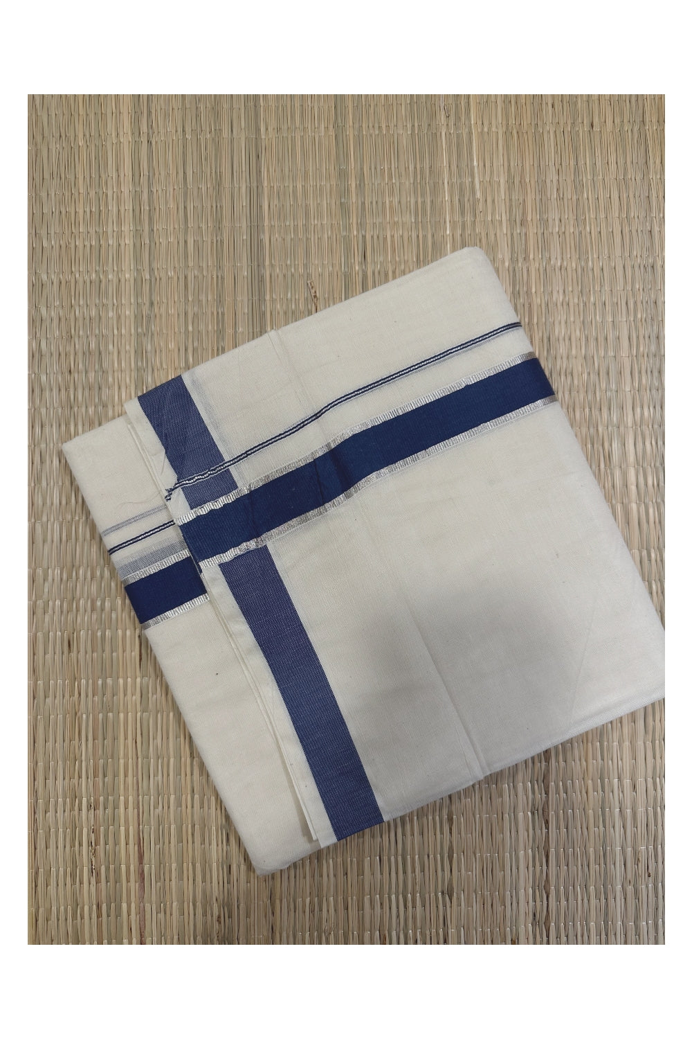 Off White Kerala Double Mundu with Silver Kasavu and Blue Kara (South Indian Kerala Dhoti)