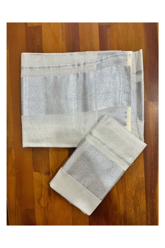 Single Plain Silver Tissue Set Mundu (Mundum Neriyathum) with 4 inch Border 2.80 Mtrs