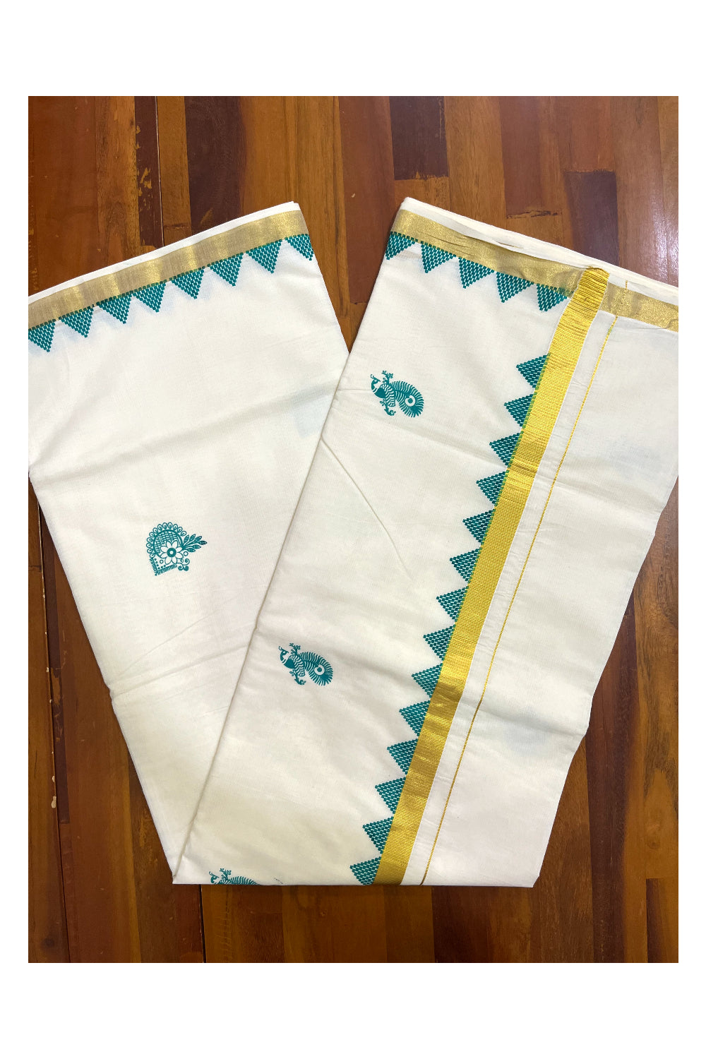 Pure Cotton Kerala Kasavu Saree with Green Temple Border Pallu and Peacock Block Prints on Body