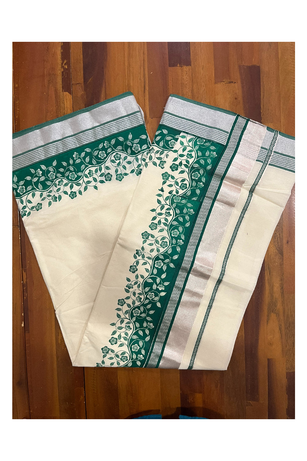 Kerala Cotton Saree with Green Floral Block Prints and Silver Kasavu Border (Onam Saree 2023)