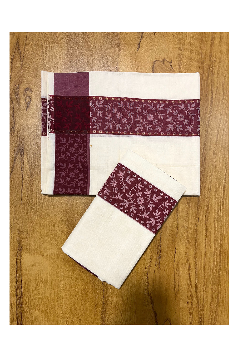 Kerala Cotton Single Set Mundu (Mundum Neriyathum) with Brown Block print Border 2.80Mtrs