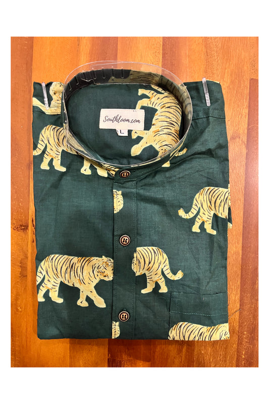 Southloom Jaipur Cotton Tiger Hand Block Printed Mandarin Collar Green Shirt (Full Sleeves)