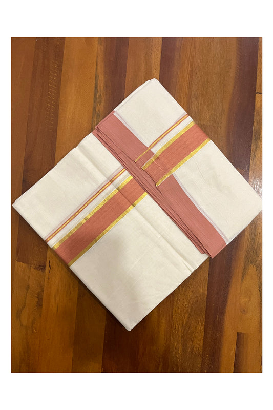 Pure Cotton 100x100 Double Mundu with Kasavu and Orange Kara (Onam Mundu 2023)