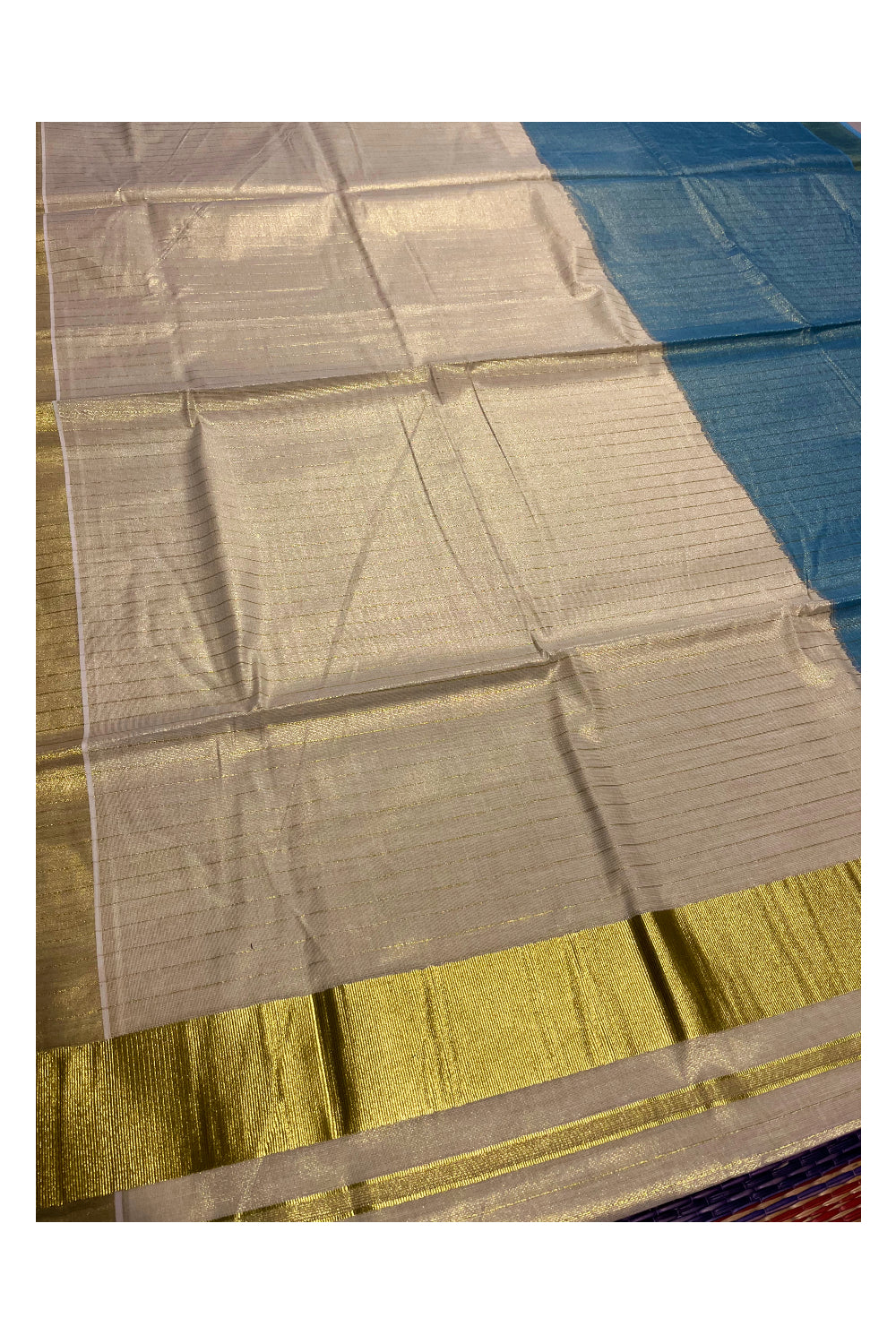 Southloom Tie & Dye - Half & Half  Multi Colour Blue Design Saree with Kasavu Lines Across Body