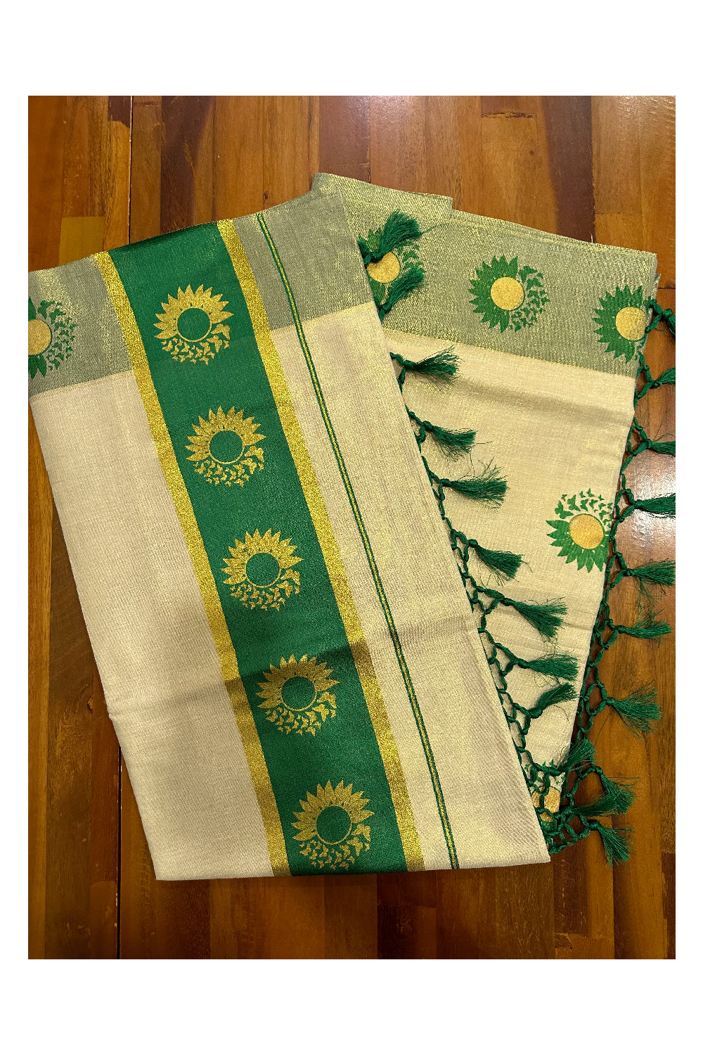 Kerala Tissue Kasavu Saree with Green and Golden Block Prints on Border (Onam Saree 2023)