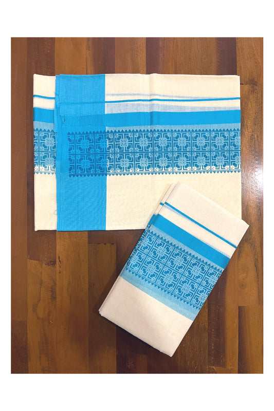 Southloom Pure Cotton Kerala Single Set Mundu with Blue Block Prints (Onam Set Mundu 2023)