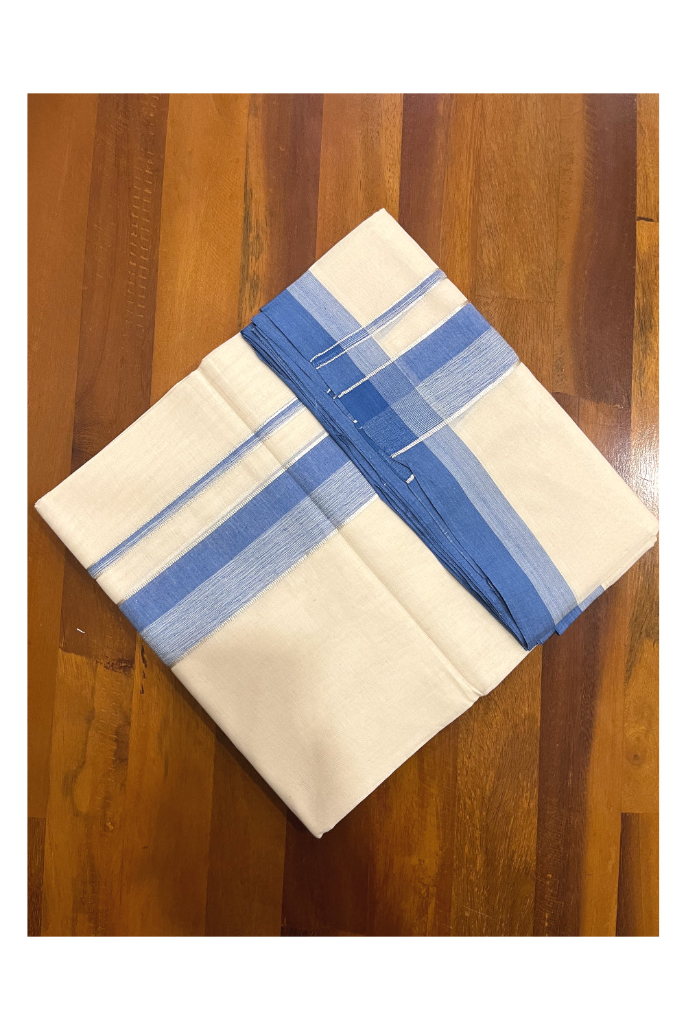 Pure Cotton Off White 100x100 Double Mundu with Silver Kasavu and Blue Border (South Indian Kerala Dhoti)