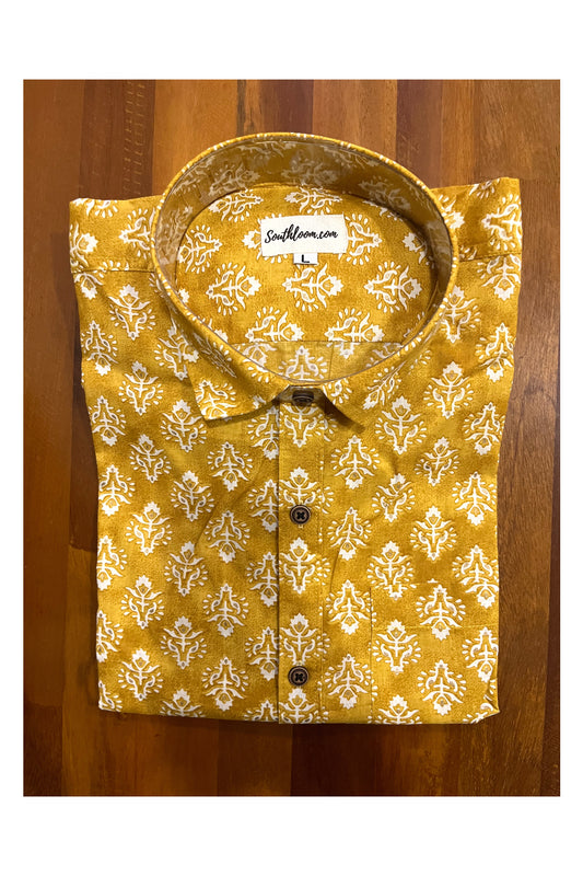 Southloom Jaipur Cotton Yellow Shirt with Floral Hand Block Printed Design (Full Sleeves)