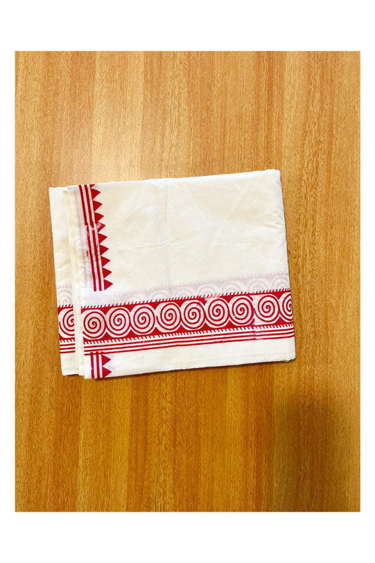 Pure Cotton Off White Double Mundu with Pink Block Prints On Border (South Indian Kerala Dhoti)