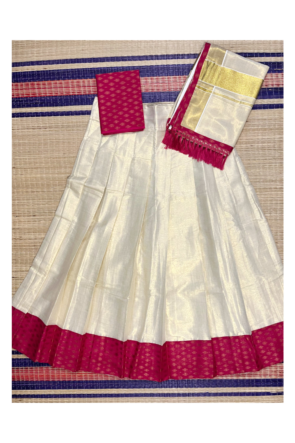 Southloom Semi Stitched Tissue Dhavani Set with Pavada and Pink Blouse Piece