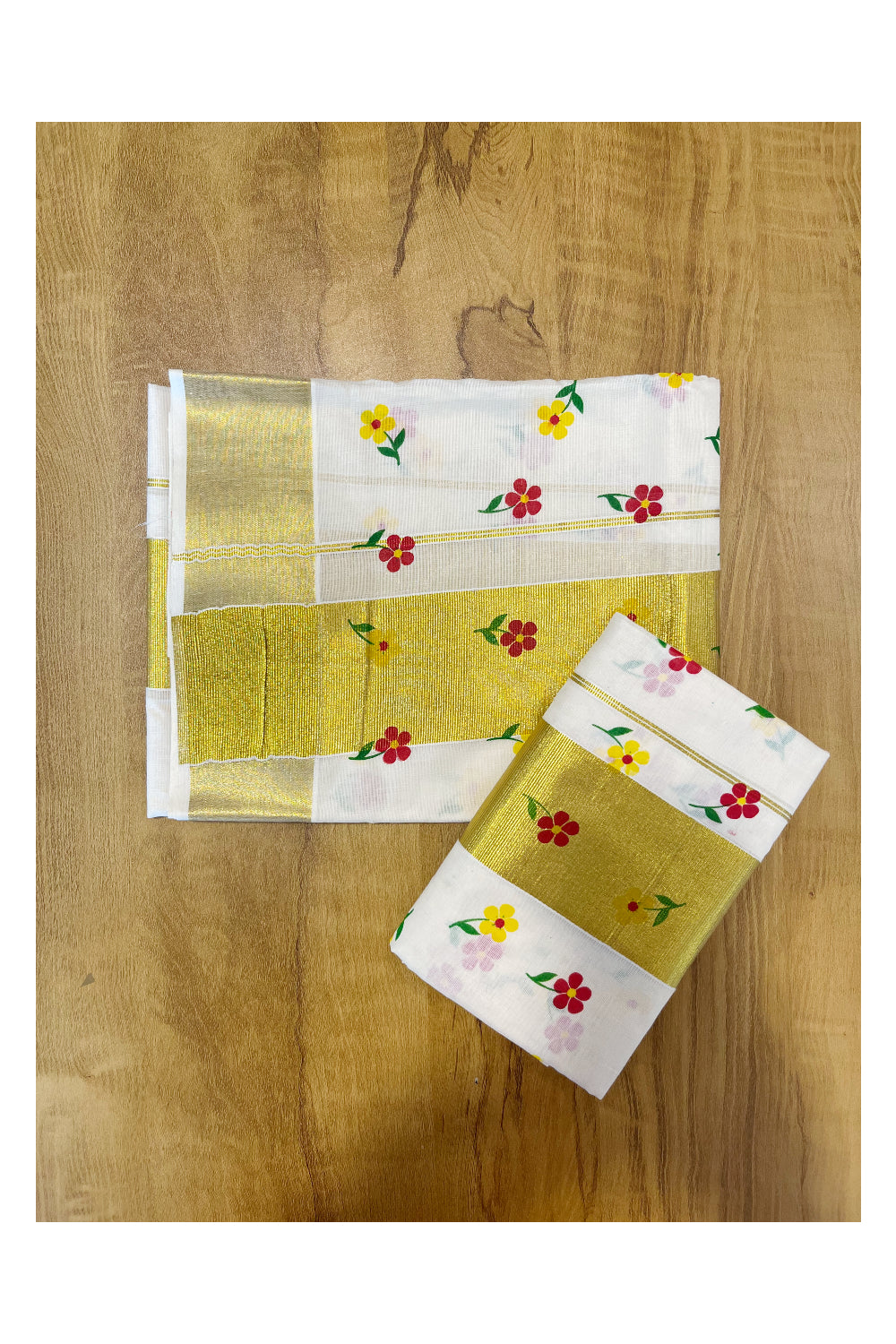 Kerala Cotton Single Set Mundu (Mundum Neriyathum) with Yellow And Red Floral Block Printed Design 2.80Mtrs