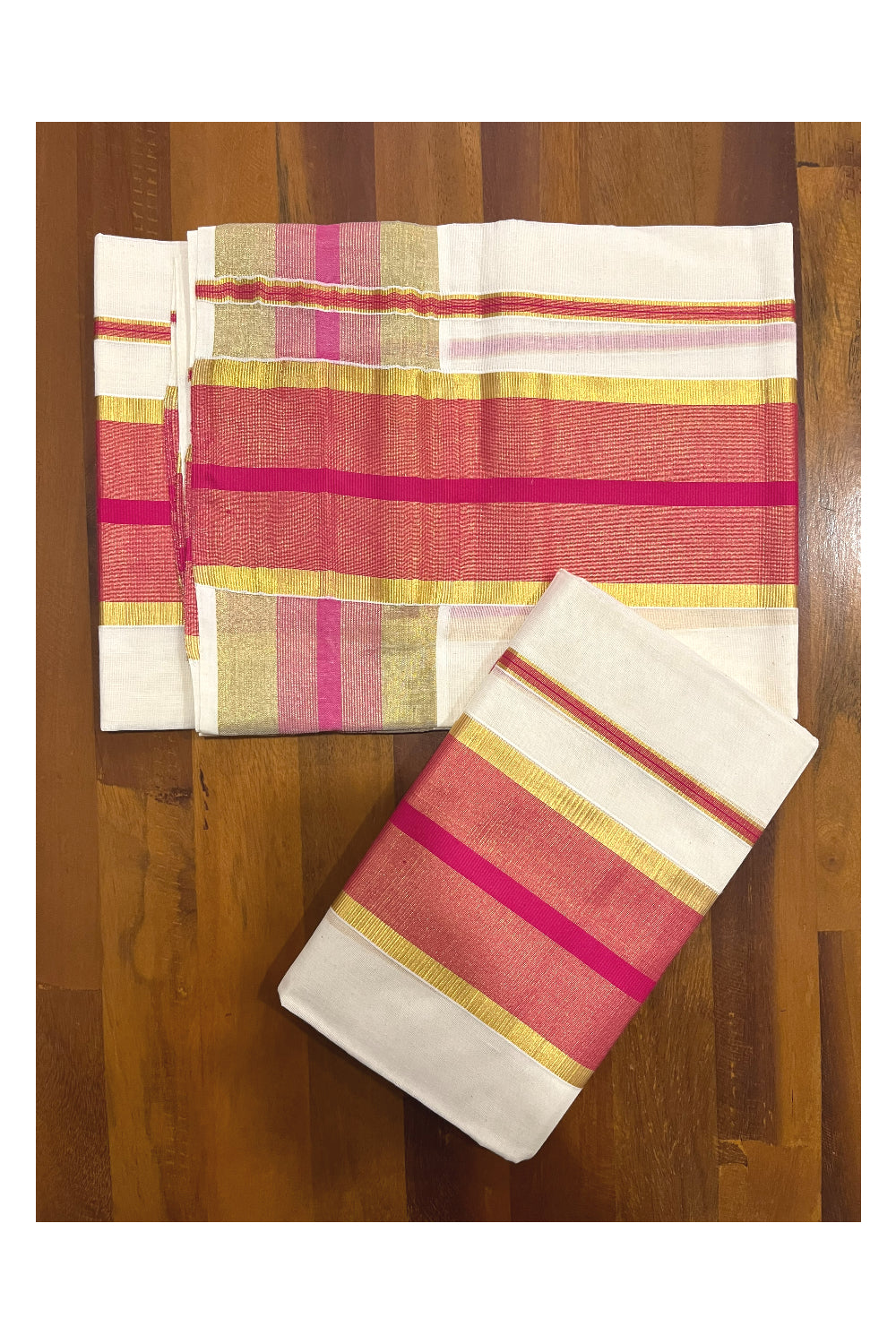 Pure Cotton Kerala Onam 2023 Set Mundu (Mundum Neriyathum) Single with Bright Magenta and Kasavu Border 2.80 Mtrs