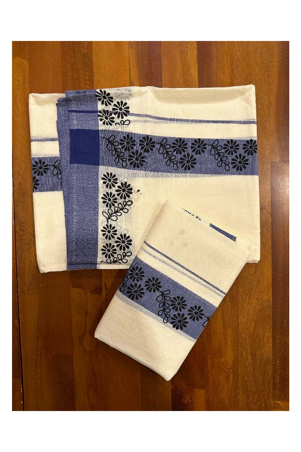 Kerala Cotton Single Set Mundu (Mundum Neriyathum) with Block Prints on Blue Border (Onam set Mundu 2023)