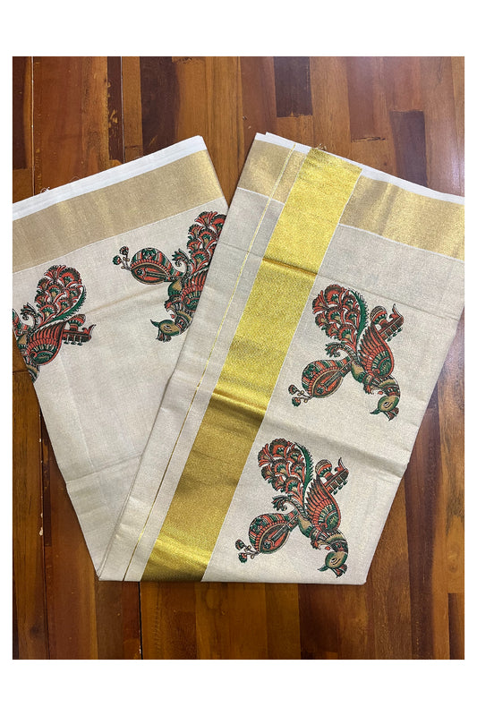 Kerala Tissue Kasavu Saree with Peacock and Veena Block Printed Designs (Vishu 2024 Collection)