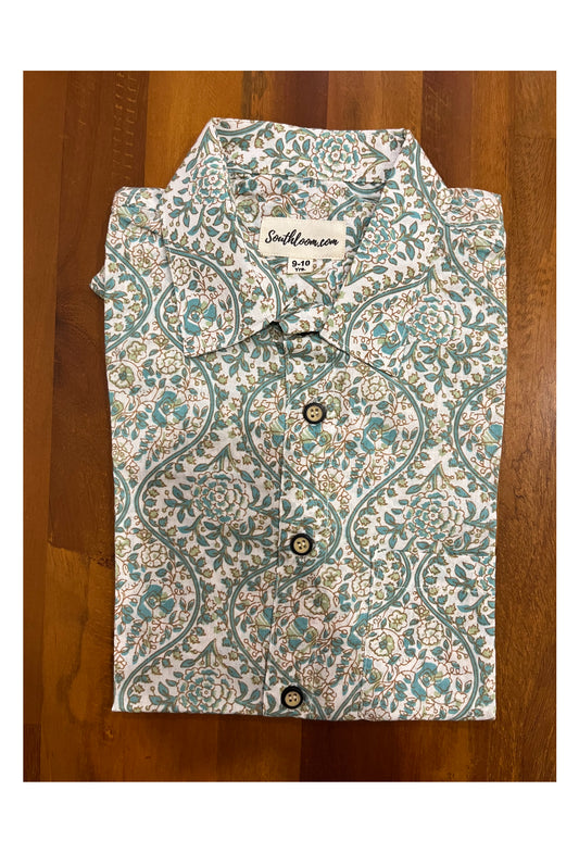 Southloom Jaipur Cotton Green Floral Hand Block Printed Shirt For Kids (Half Sleeves)