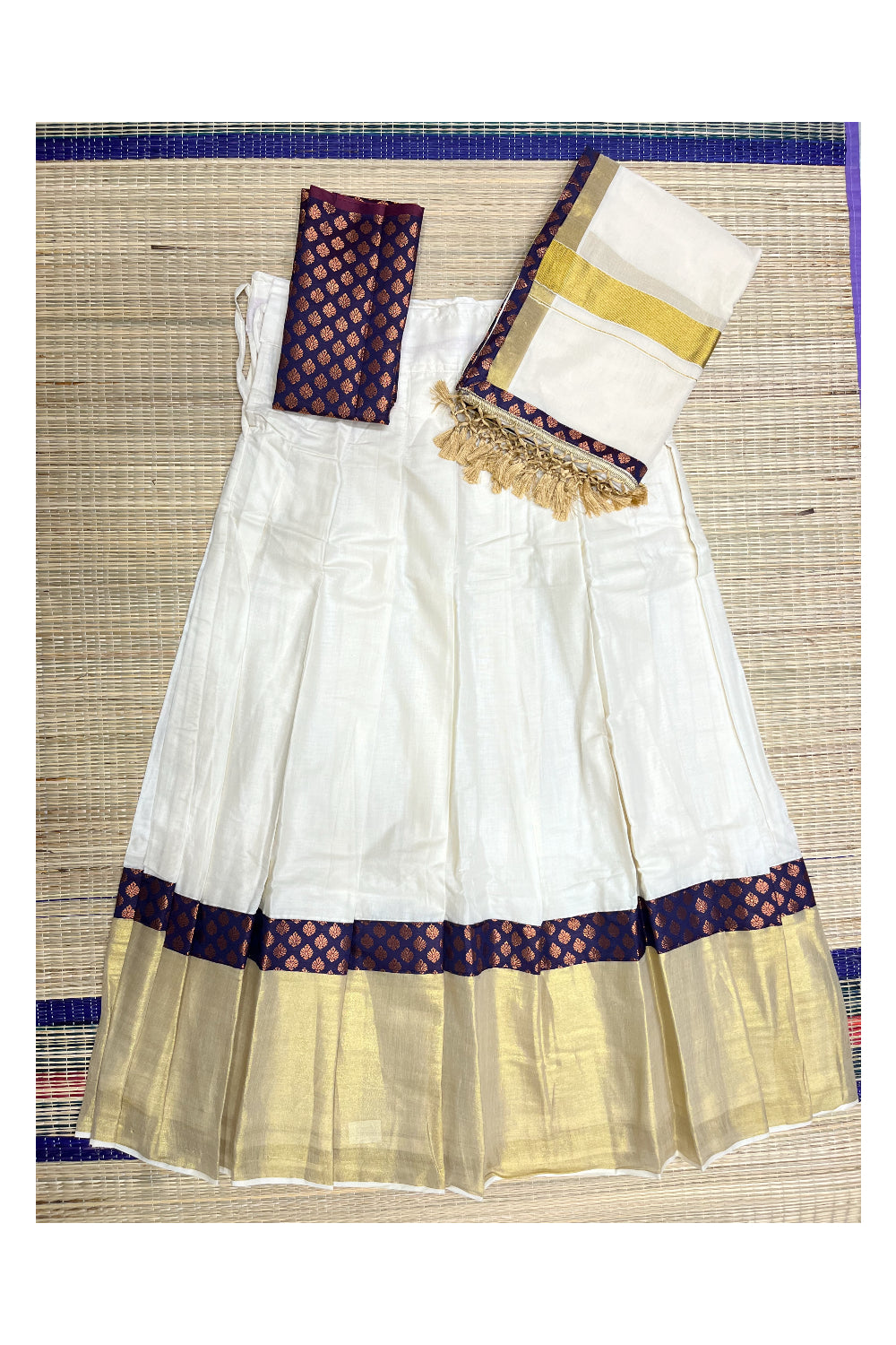 Southloom Semi Stitched Cotton Dhavani Set with Kasavu Design Pavada and Violet Blouse Piece