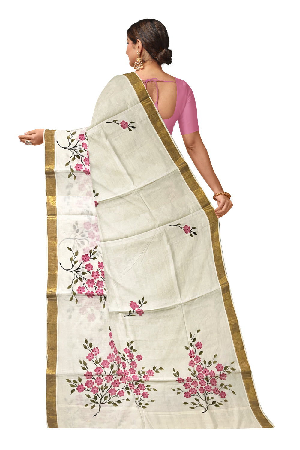 Kerala Cotton Kasavu Saree with Floral Painted Designs