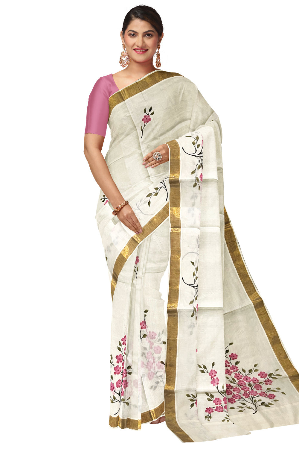 Kerala Cotton Kasavu Saree with Floral Painted Designs