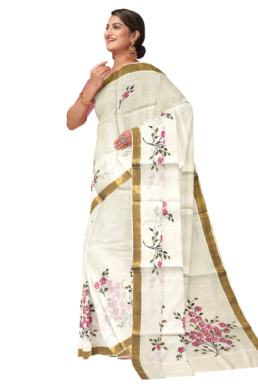 Kerala Cotton Kasavu Saree with Floral Painted Designs