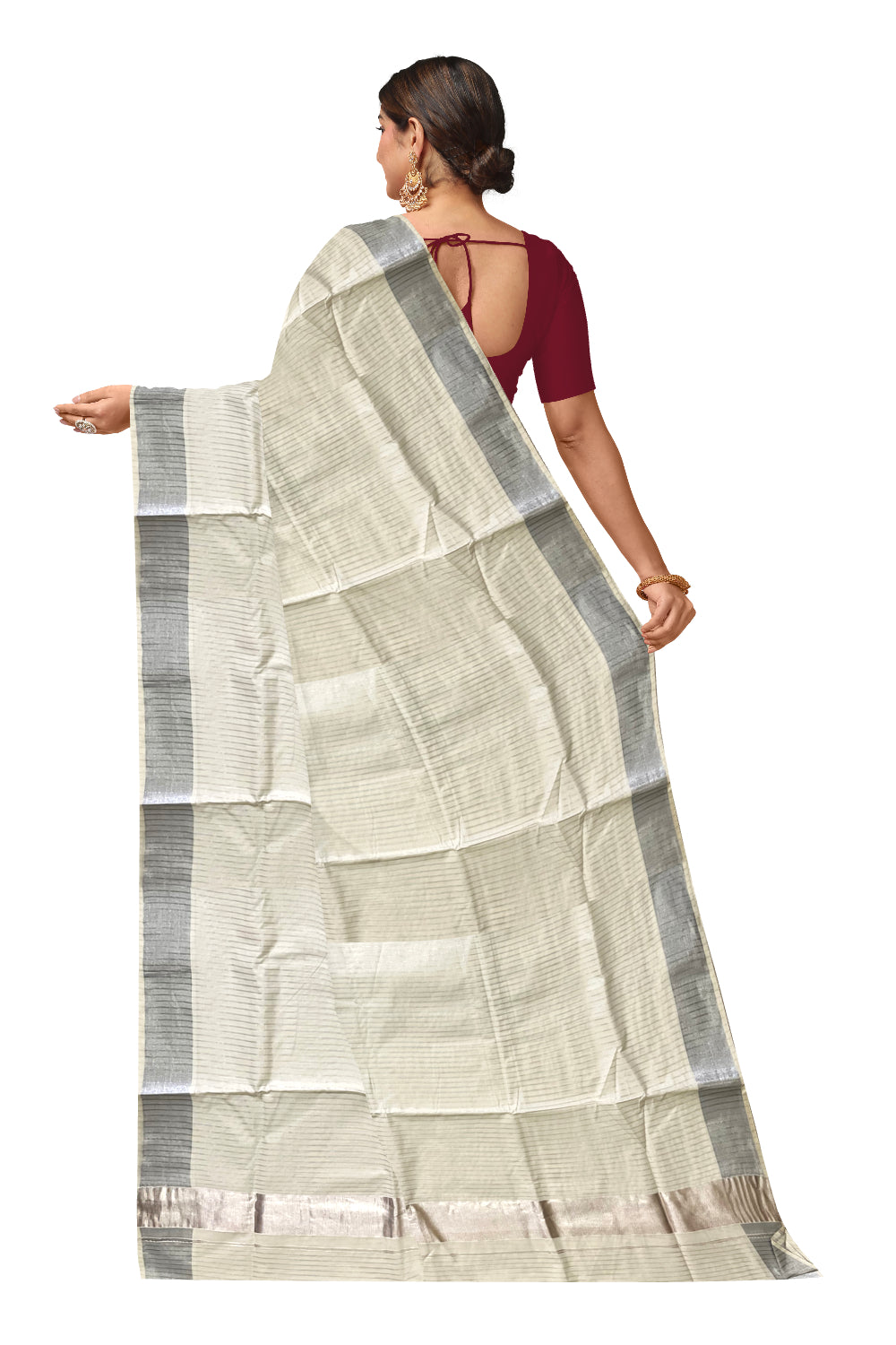 Pure Cotton Kerala Kasavu Saree with Half Fine Silver Kasavu Lines Across Body