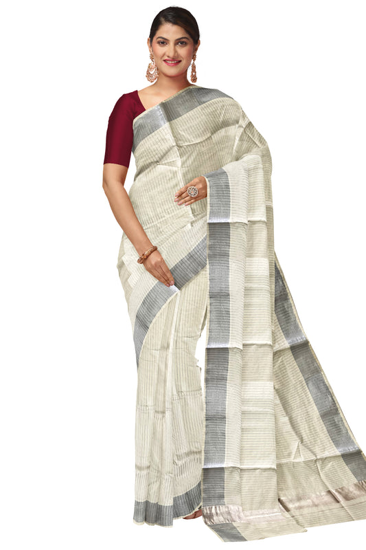 Pure Cotton Kerala Kasavu Saree with Half Fine Silver Kasavu Lines Across Body