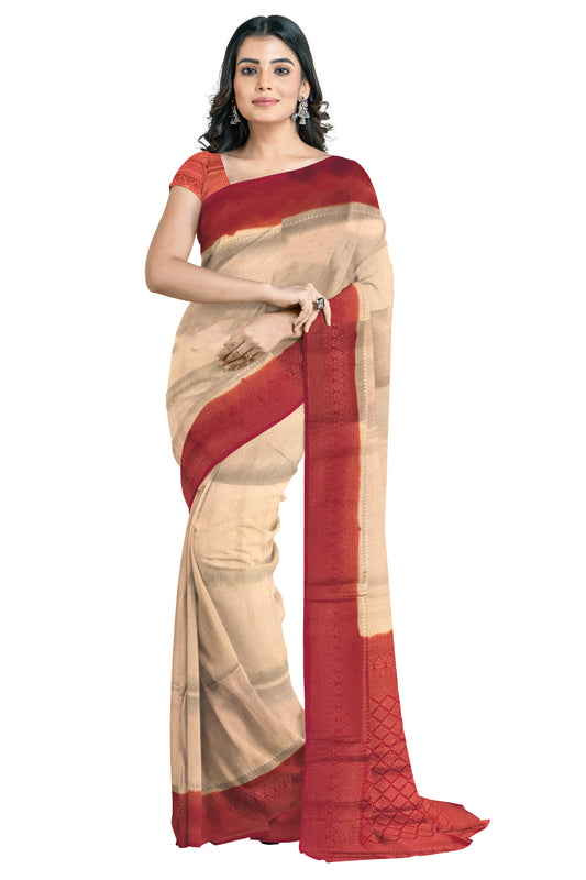 Southloom Soft Silk Beige Designer Saree with Red Border