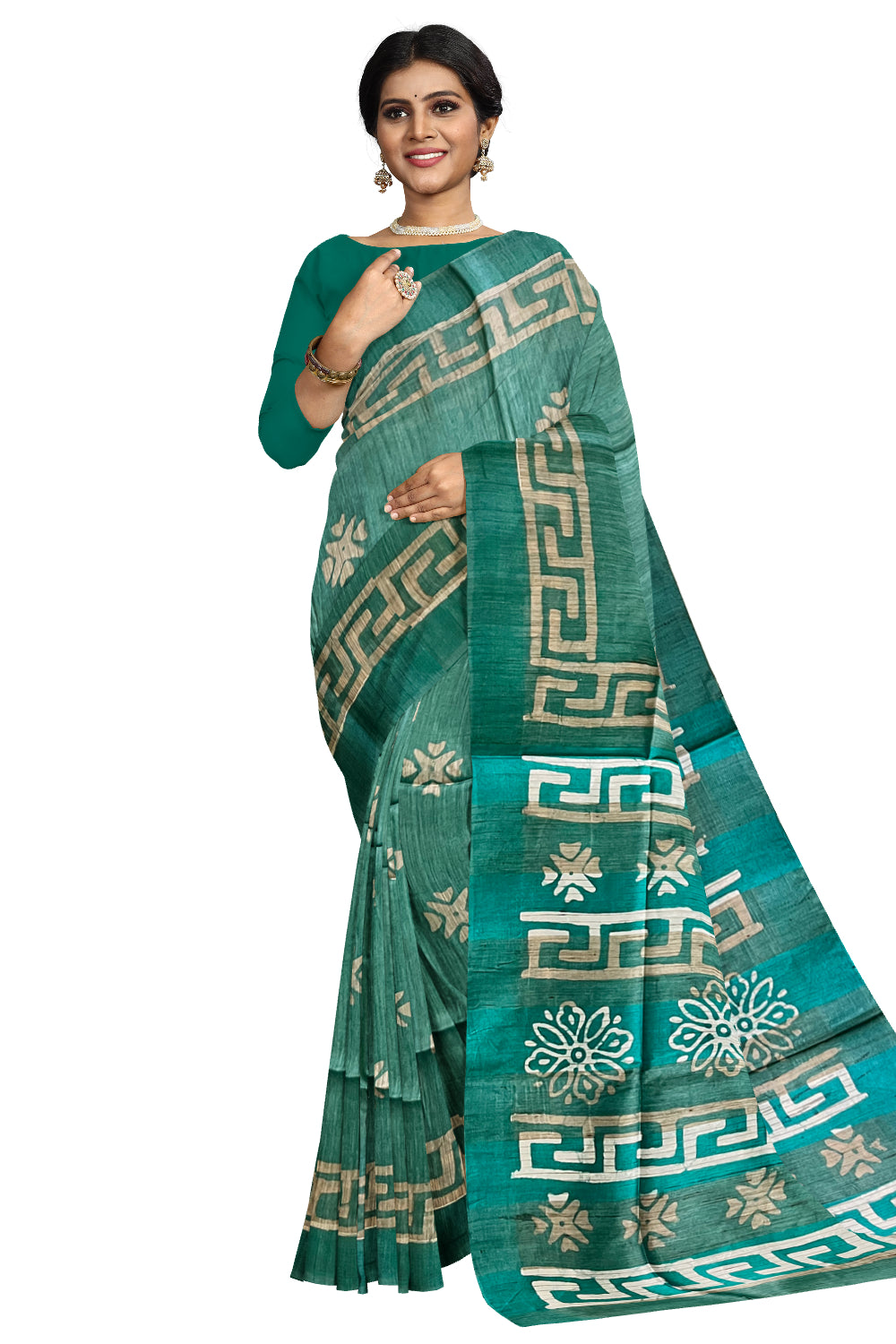 Southloom Cotton Green Saree with Baswara Prints on Body and Pallu