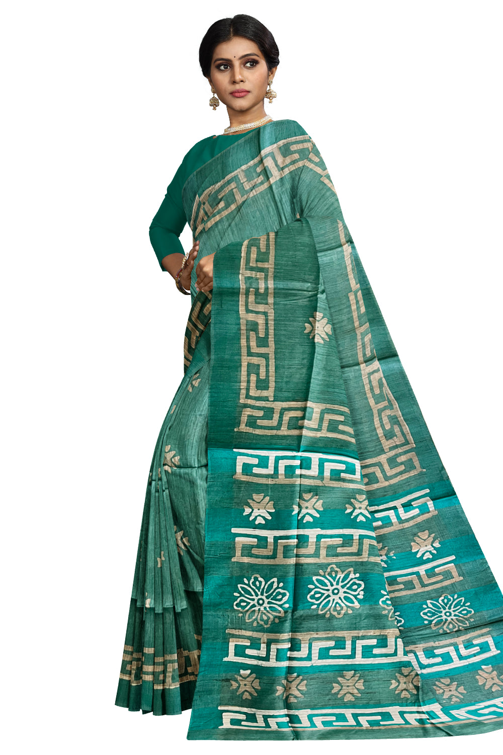 Southloom Cotton Green Saree with Baswara Prints on Body and Pallu