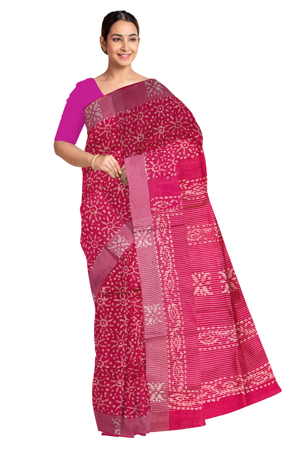 Southloom Cotton Pink Saree with Baswara Prints on Body and Pallu