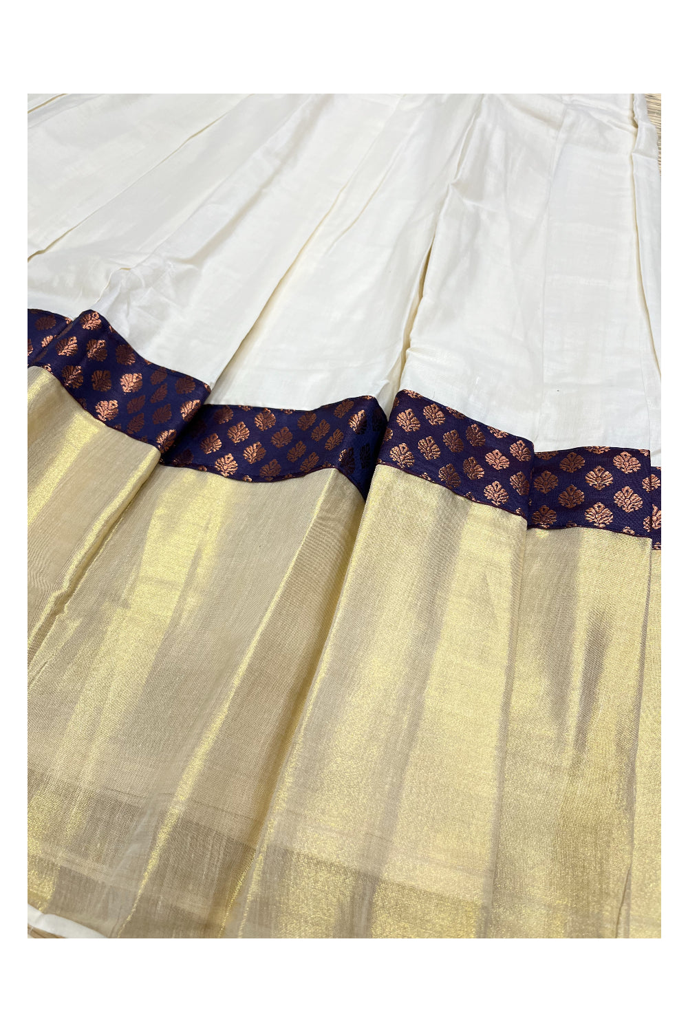 Southloom Semi Stitched Cotton Dhavani Set with Kasavu Design Pavada and Violet Blouse Piece