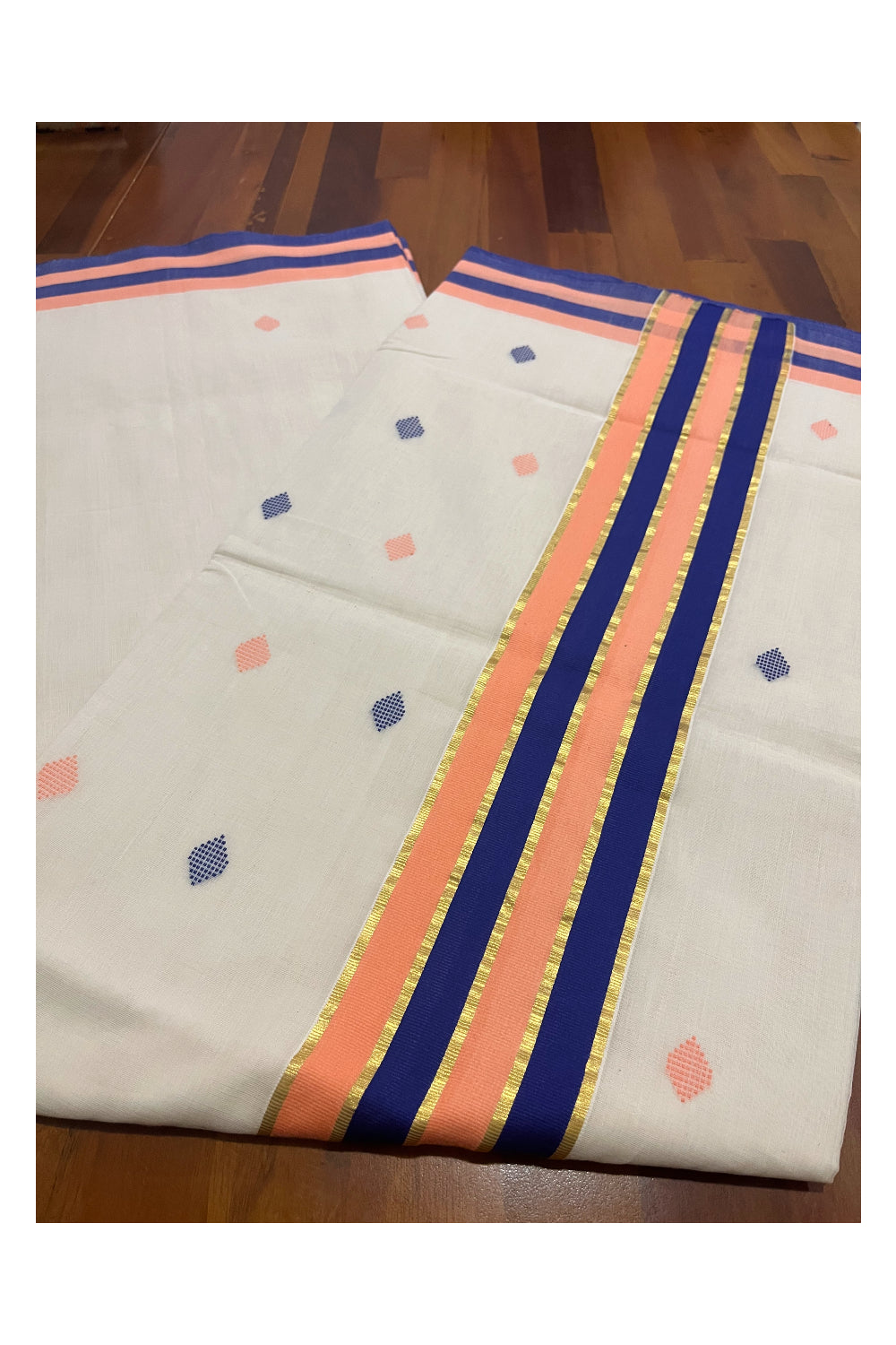 Southloom Premium Unakkupaavu Handloom Cotton Butta Work Saree with Kasavu and Blue Peach Border